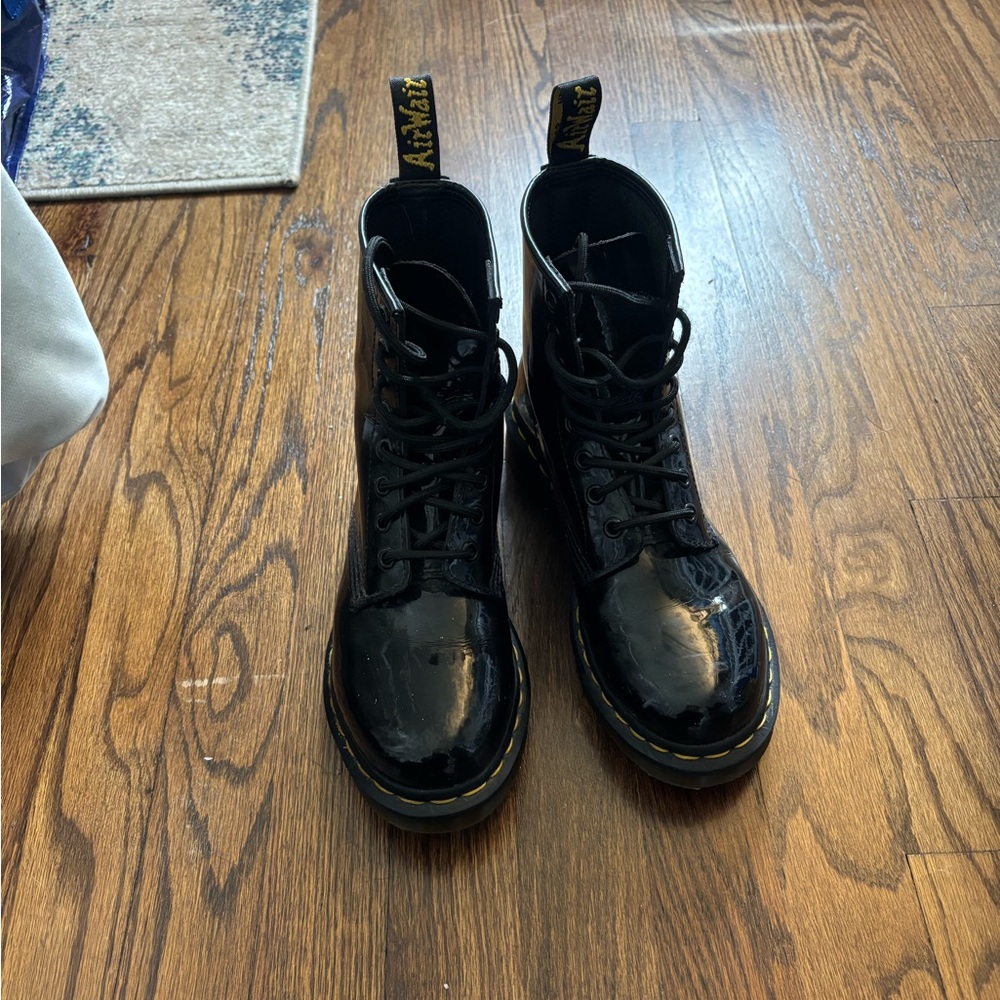 Dr. Martens Shiny Black Boots with Yellow Stitching